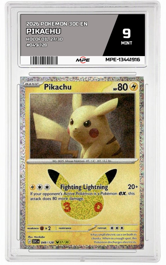 2026 POKEMON 30C EN HOLOFOIL 27/30 #049/128 PIKACHU MPE 9 MINT — graded card auctioned from the MPE vault