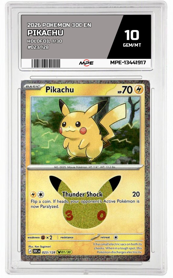 2026 POKEMON 30C EN HOLOFOIL 1/30 #023/128 PIKACHU MPE 10 GEM/MT — graded card auctioned from the MPE vault