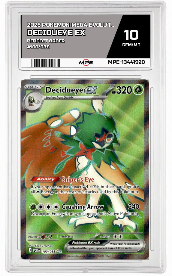 2026 POKEMON MEGA EVOLUTION PERFECT ORDER #100/088 Decidueye EX MPE 10 GEM/MT — graded card auctioned from the MPE vault