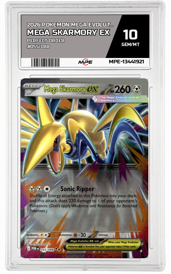 2026 POKEMON MEGA EVOLUTION PERFECT ORDER #055/088 Mega Skarmory EX MPE 10 GEM/MT — graded card auctioned from the MPE vault