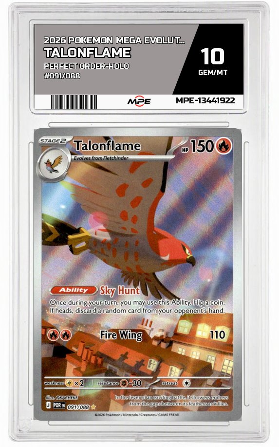 2026 POKEMON MEGA EVOLUTION PERFECT ORDER-HOLO #091/088 Talonflame MPE 10 GEM/MT — graded card auctioned from the MPE vault