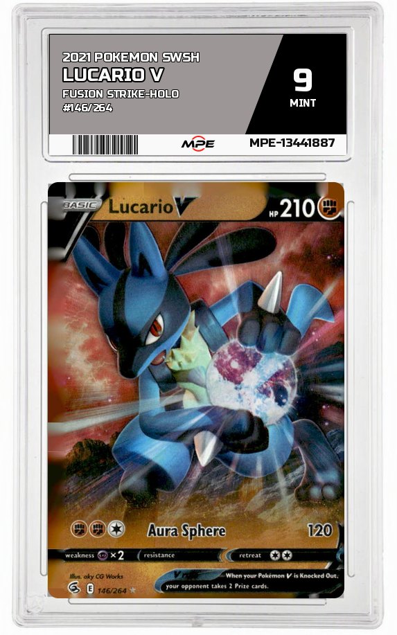 2021 POKEMON SWSH FUSION STRIKE-HOLO #146/264 Lucario V MPE 9 MINT — graded card auctioned from the MPE vault