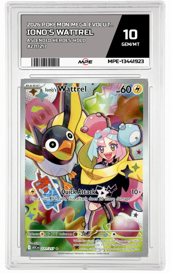 2026 POKEMON MEGA EVOLUTION ASCENDED HEROES-HOLO #231/217 Iono's Wattrel MPE 10 GEM/MT — graded card auctioned from the MPE vault