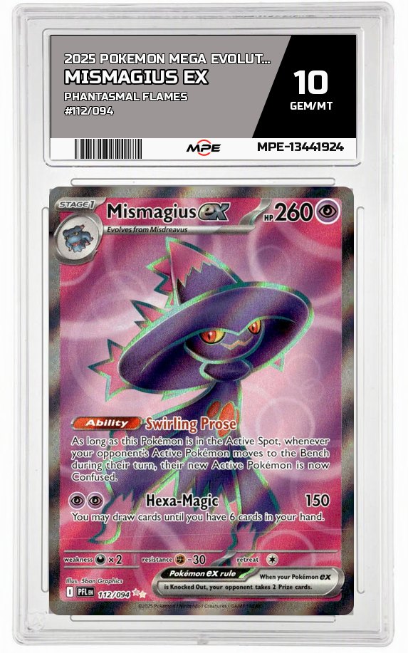 2025 POKEMON MEGA EVOLUTION PHANTASMAL FLAMES #112/094 Mismagius EX MPE 10 GEM/MT — graded card auctioned from the MPE vault