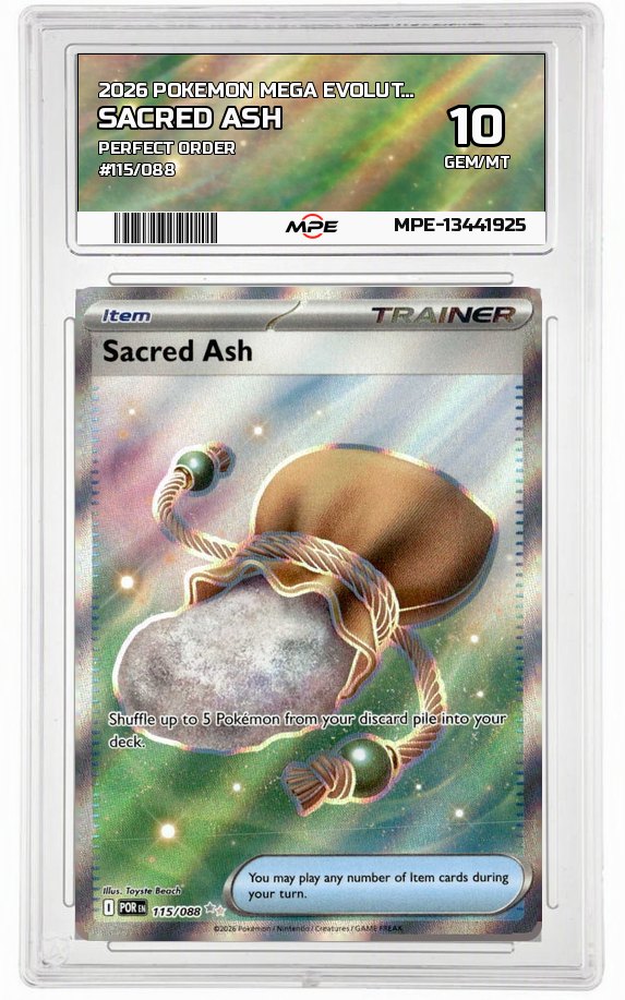 2026 POKEMON MEGA EVOLUTION PERFECT ORDER #115/088 Sacred Ash MPE 10 GEM/MT — graded card up for auction