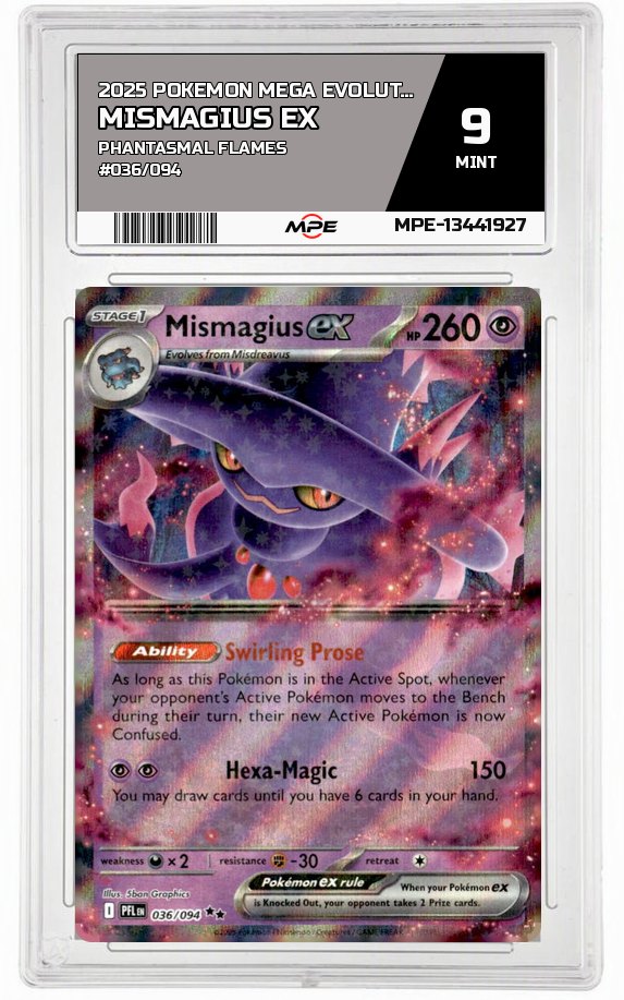 2025 POKEMON MEGA EVOLUTION PHANTASMAL FLAMES #036/094 Mismagius EX MPE 9 MINT — graded card auctioned from the MPE vault