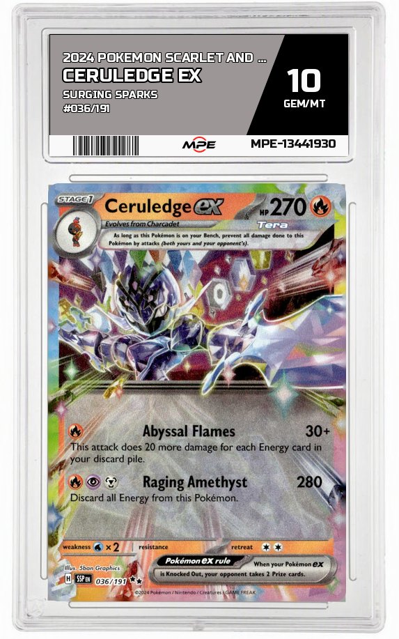 2024 POKEMON SCARLET AND VIOLET SURGING SPARKS #036/191 Ceruledge EX MPE 10 GEM/MT — graded card auctioned from the MPE vault