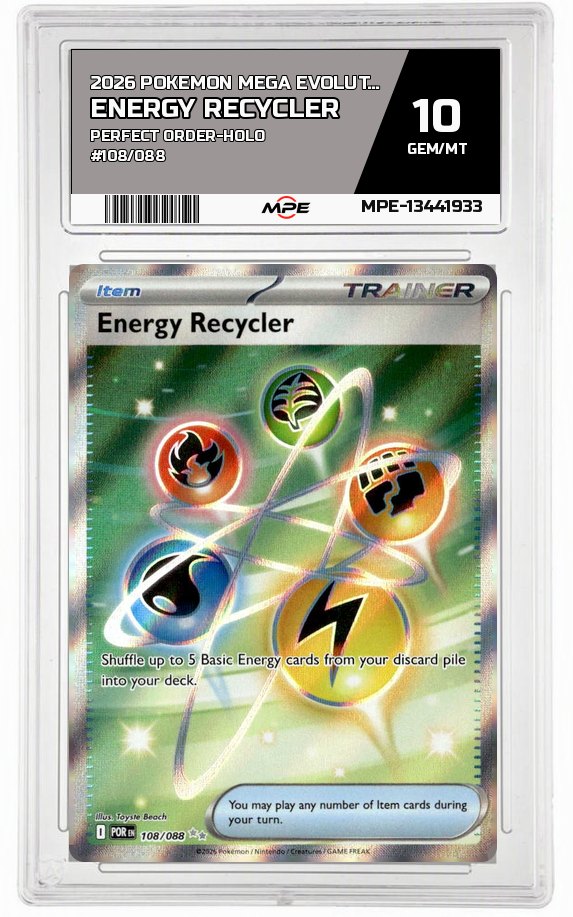 2026 POKEMON MEGA EVOLUTION PERFECT ORDER-HOLO #108/088 Energy Recycler MPE 10 GEM/MT — graded card auctioned from the MPE vault