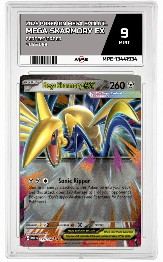 2026 POKEMON MEGA EVOLUTION PERFECT ORDER #055/088 Mega Skarmory EX MPE 9 MINT — graded card auctioned from the MPE vault