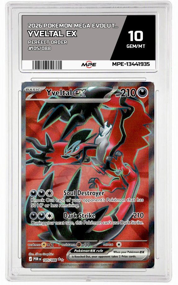 2026 POKEMON MEGA EVOLUTION PERFECT ORDER #105/088 Yveltal EX MPE 10 GEM/MT — graded card auctioned from the MPE vault