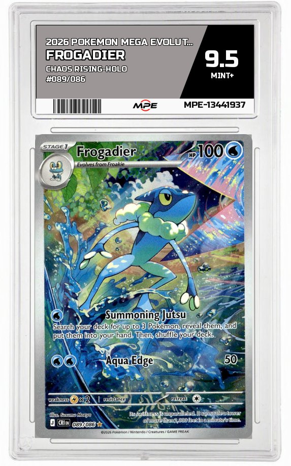 2026 POKEMON MEGA EVOLUTION CHAOS RISING-HOLO #089/086 Frogadier MPE 9.5 MINT+ — graded card auctioned from the MPE vault