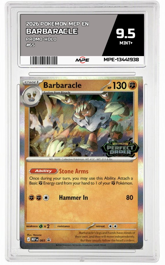 2026 POKEMON MEP EN PROMO-HOLO #65 BARBARACLE MPE 9.5 MINT+ — graded card auctioned from the MPE vault