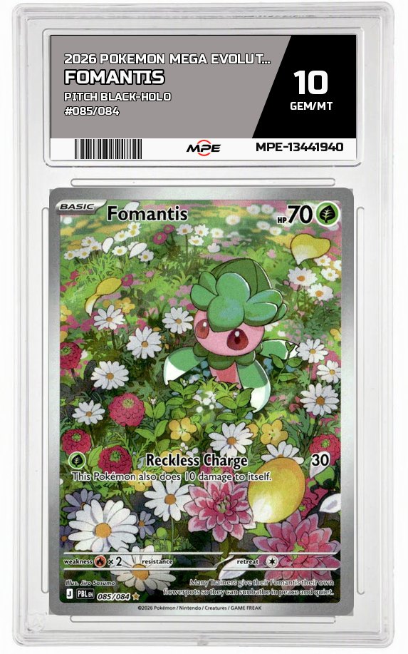 2026 POKEMON MEGA EVOLUTION PITCH BLACK-HOLO #085/084 Fomantis MPE 10 GEM/MT — graded card auctioned from the MPE vault