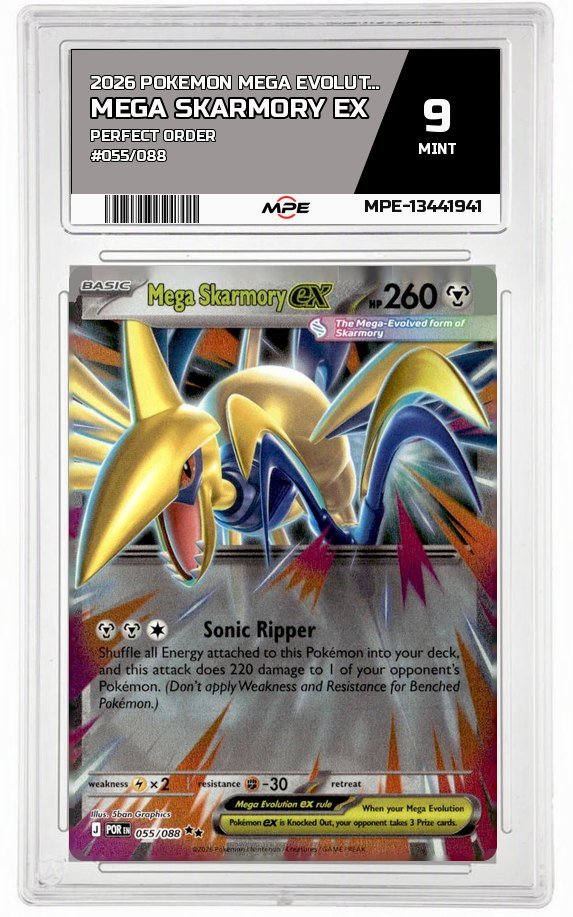2026 POKEMON MEGA EVOLUTION PERFECT ORDER #055/088 Mega Skarmory EX MPE 9 MINT — graded card auctioned from the MPE vault