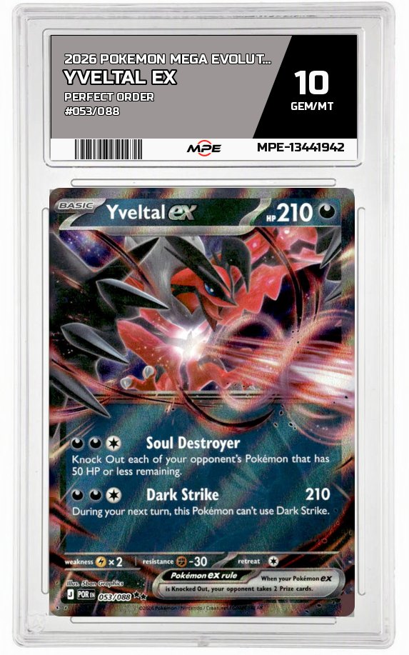 2026 POKEMON MEGA EVOLUTION PERFECT ORDER #053/088 Yveltal EX MPE 10 GEM/MT — graded card auctioned from the MPE vault