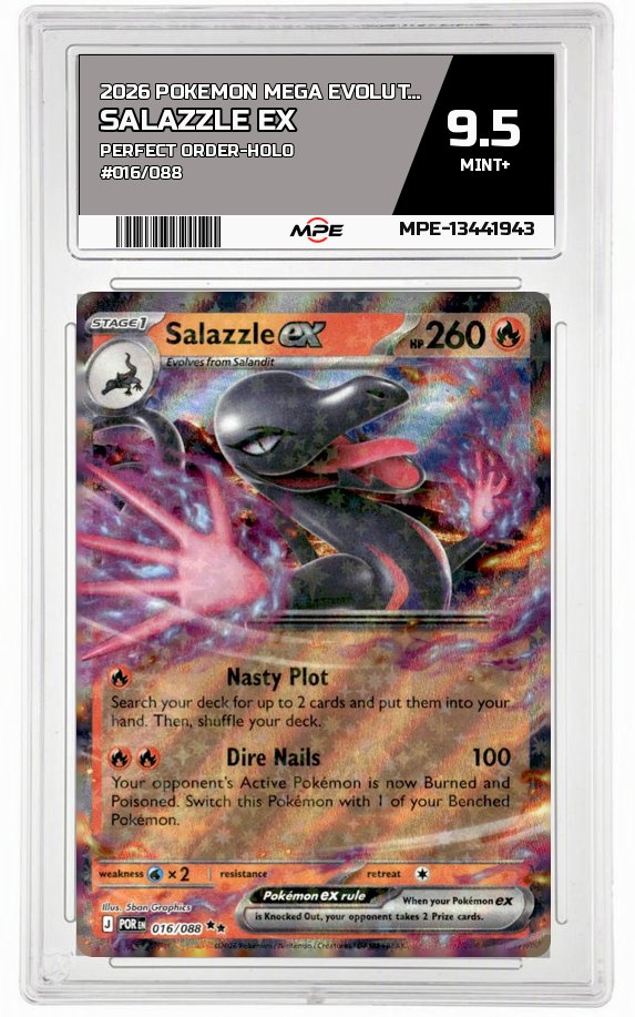 2026 POKEMON MEGA EVOLUTION PERFECT ORDER-HOLO #016/088 Salazzle EX MPE 9.5 MINT+ — graded card auctioned from the MPE vault