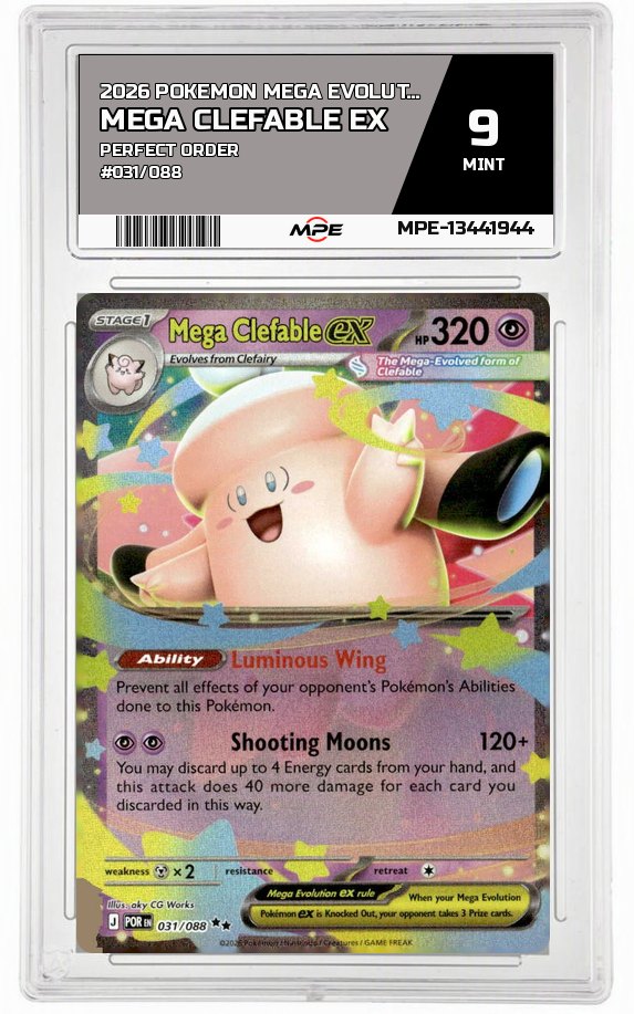 2026 POKEMON MEGA EVOLUTION PERFECT ORDER #031/088 Mega Clefable EX MPE 9 MINT — graded card up for auction