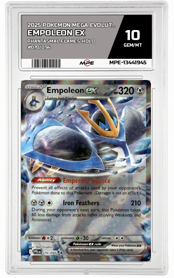 2025 POKEMON MEGA EVOLUTION PHANTASMAL FLAMES-HOLO #070/094 Empoleon EX MPE 10 GEM/MT — graded card auctioned from the MPE vault