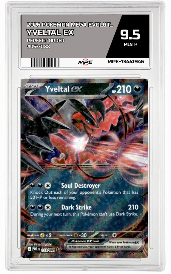 2026 POKEMON MEGA EVOLUTION PERFECT ORDER #053/088 Yveltal EX MPE 9.5 MINT+ — graded card auctioned from the MPE vault