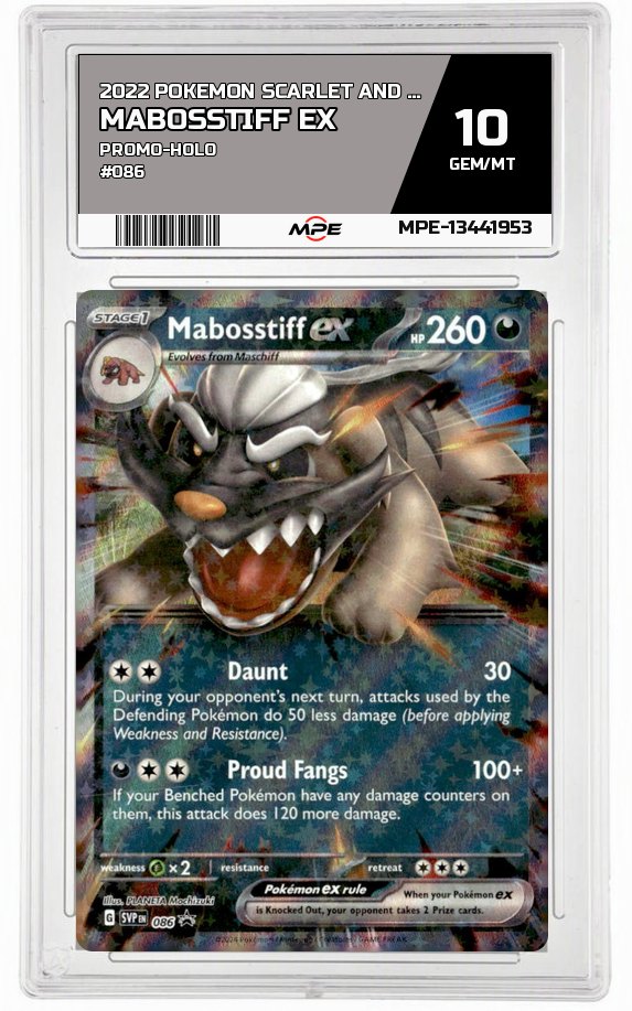 2022 POKEMON SCARLET AND VIOLET PROMO-HOLO #086 MABOSSTIFF EX MPE 10 GEM/MT — graded card auctioned from the MPE vault