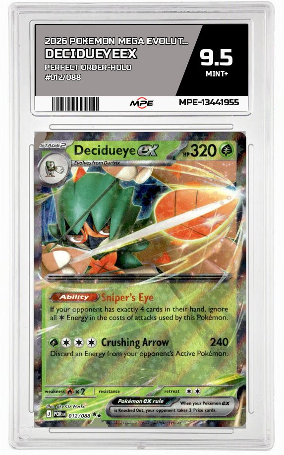 2026 POKEMON MEGA EVOLUTION PERFECT ORDER-HOLO #012/088 DecidueyeEX MPE 9.5 MINT+ — graded card auctioned from the MPE vault