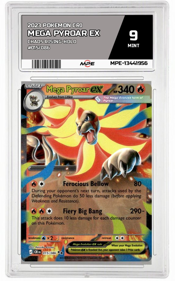 2023 POKEMON CRI CHAOS RISING-HOLO #015/086 MEGA PYROAR EX MPE 9 MINT — graded card auctioned from the MPE vault