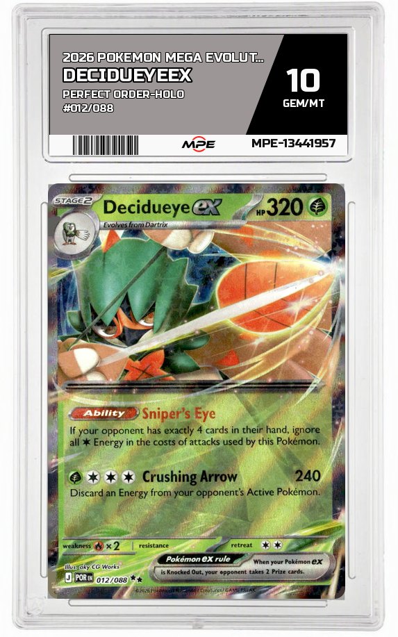 2026 POKEMON MEGA EVOLUTION PERFECT ORDER-HOLO #012/088 DecidueyeEX MPE 10 GEM/MT — graded card auctioned from the MPE vault