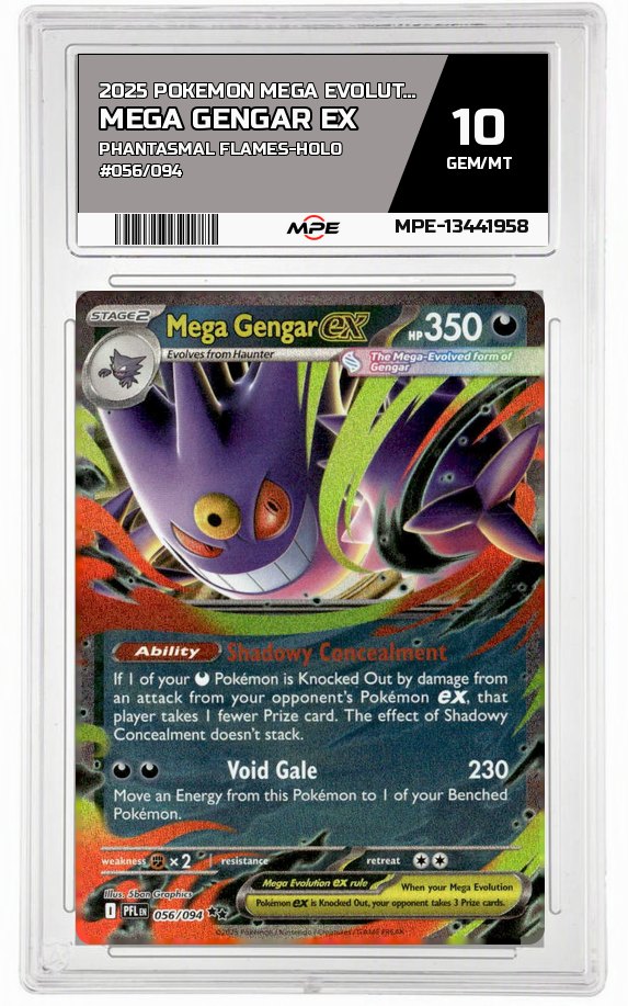 2025 POKEMON MEGA EVOLUTION PHANTASMAL FLAMES-HOLO #056/094 Mega Gengar EX MPE 10 GEM/MT — graded card auctioned from the MPE vault