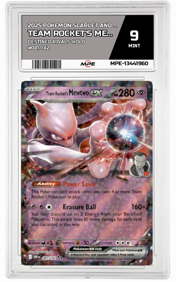 2025 POKEMON SCARLET AND VIOLET DESTINED RIVALS-HOLO #081/182 Team Rocket's Mewtwo EX MPE 9 MINT — graded card auctioned from the MPE vault