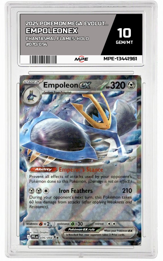 2025 POKEMON MEGA EVOLUTION PHANTASMAL FLAMES-HOLO #070/094 EmpoleonEX MPE 10 GEM/MT — graded card auctioned from the MPE vault