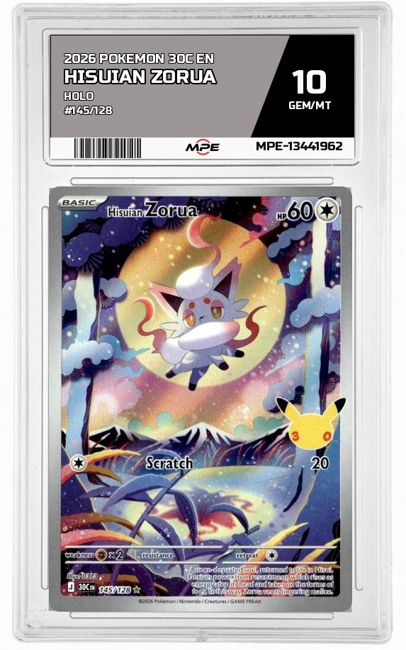 2026 POKEMON 30C EN HOLO #145/128 HISUIAN ZORUA MPE 10 GEM/MT — graded card auctioned from the MPE vault