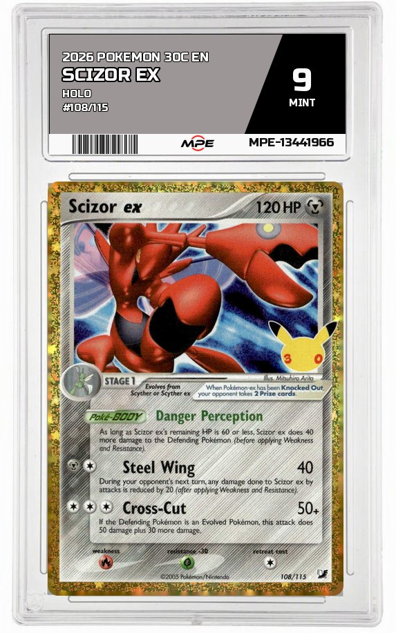 2026 POKEMON 30C EN HOLO #108/115 Scizor EX MPE 9 MINT — graded card auctioned from the MPE vault
