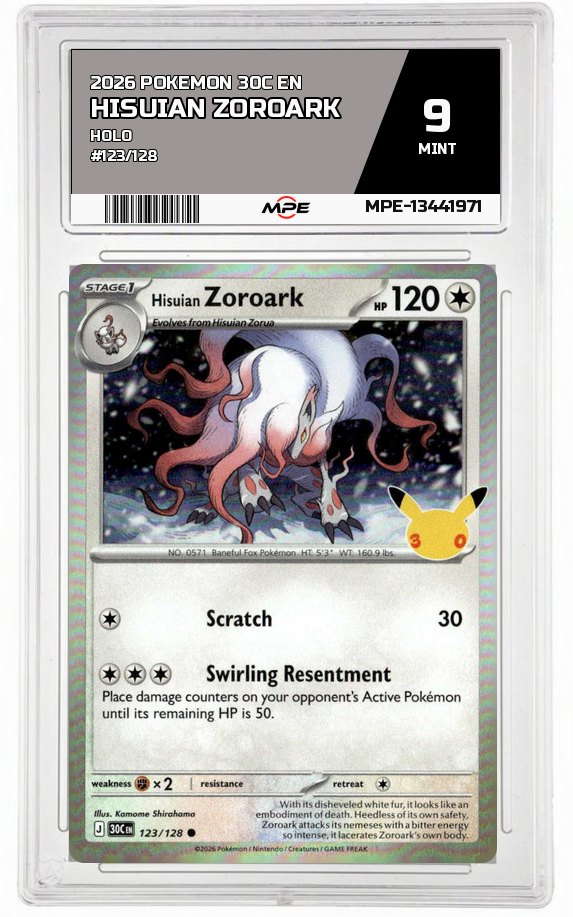2026 POKEMON 30C EN HOLO #123/128 HISUIAN ZOROARK MPE 9 MINT — graded card up for auction