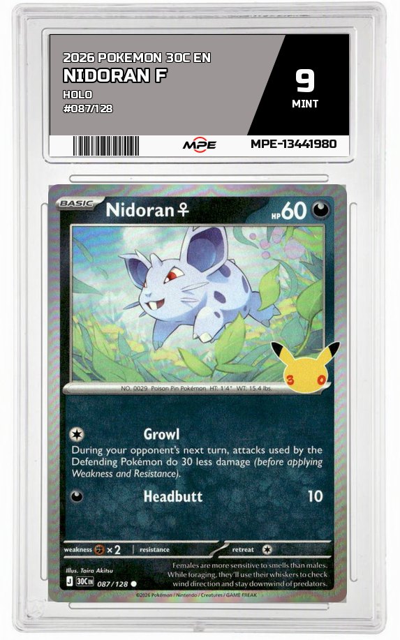 2026 POKEMON 30C EN HOLO #087/128 NIDORAN F MPE 9 MINT — graded card auctioned from the MPE vault