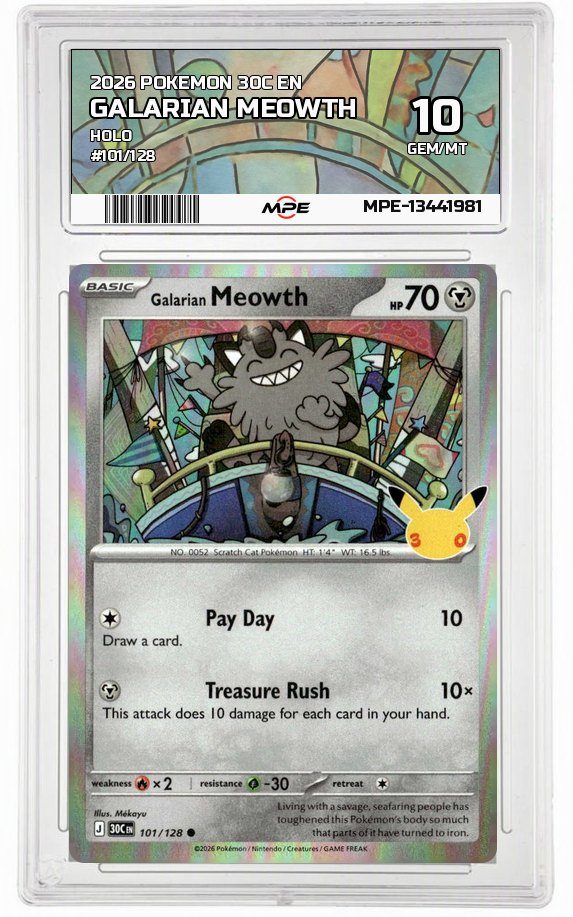 2026 POKEMON 30C EN HOLO #101/128 GALARIAN MEOWTH MPE 10 GEM/MT — graded card up for auction