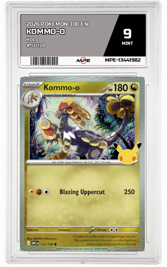 2026 POKEMON 30C EN HOLO #112/128 KOMMO-O MPE 9 MINT — graded card auctioned from the MPE vault