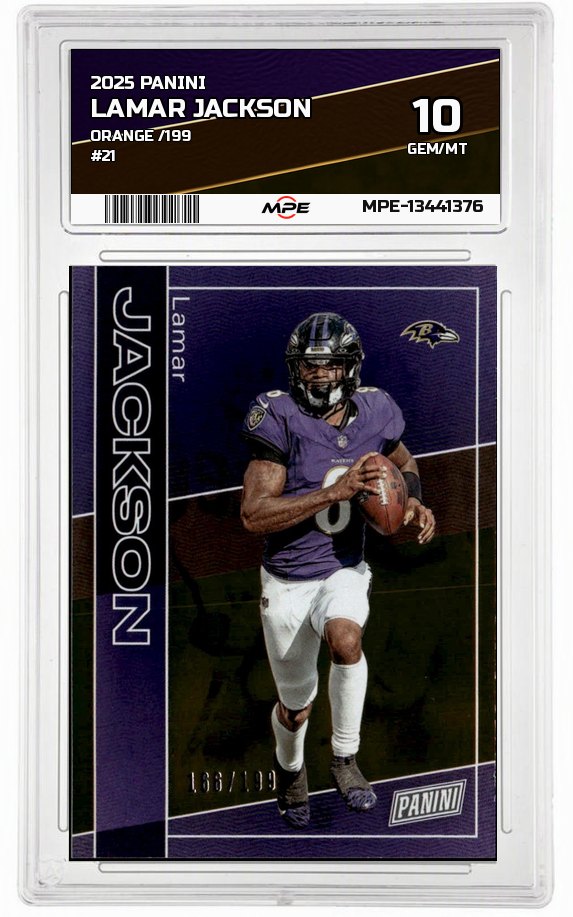 2025 PANINI Orange /199 #21 LAMAR JACKSON MPE 10 GEM/MT — graded card up for auction
