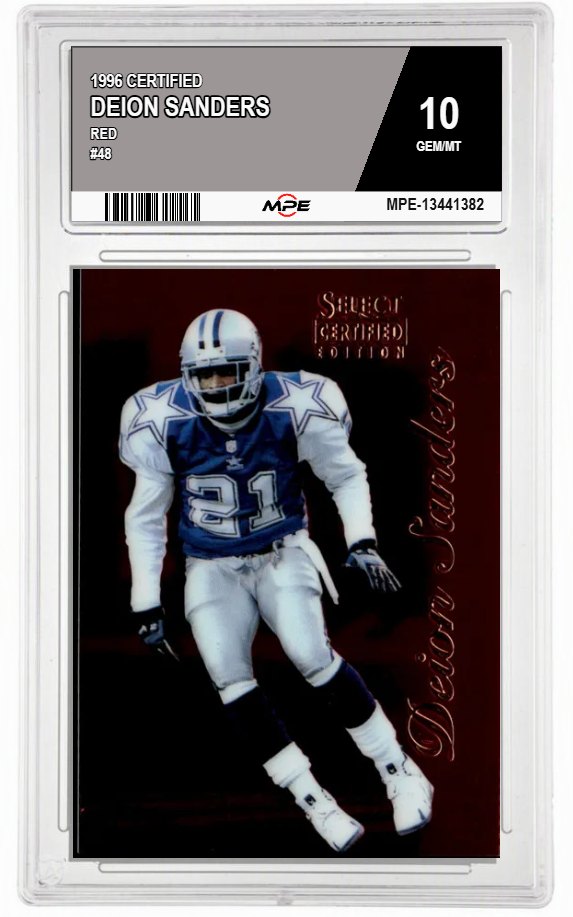 1996 CERTIFIED RED #48 DEION SANDERS MPE 10 GEM/MT — graded card auctioned from the MPE vault