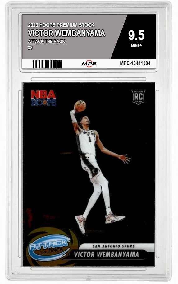 2023 HOOPS PREMIUM STOCK ATTACK THE RACK #3 VICTOR WEMBANYAMA MPE 9.5 MINT+ — graded card auctioned from the MPE vault