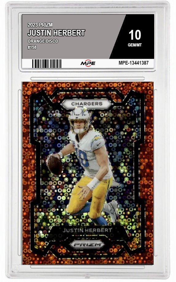 2023 PRIZM ORANGE DISCO #158 JUSTIN HERBERT MPE 10 GEM/MT — graded card auctioned from the MPE vault
