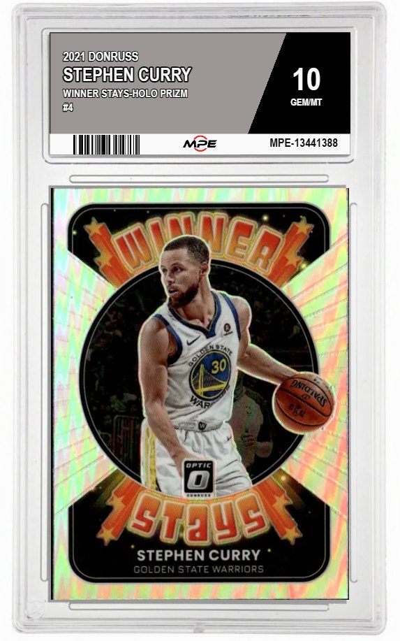 2021 DONRUSS WINNER STAYS-HOLO PRIZM #4 STEPHEN CURRY MPE 10 GEM/MT — graded card auctioned from the MPE vault