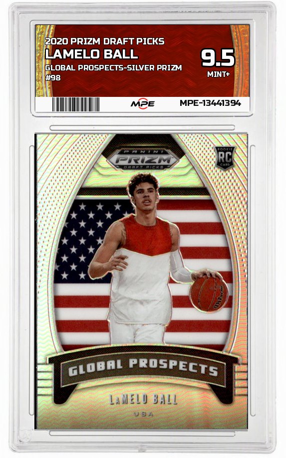 2020 PRIZM DRAFT PICKS GLOBAL PROSPECTS-SILVER PRIZM #98 LAMELO BALL MPE 9.5 MINT+ — graded card up for auction
