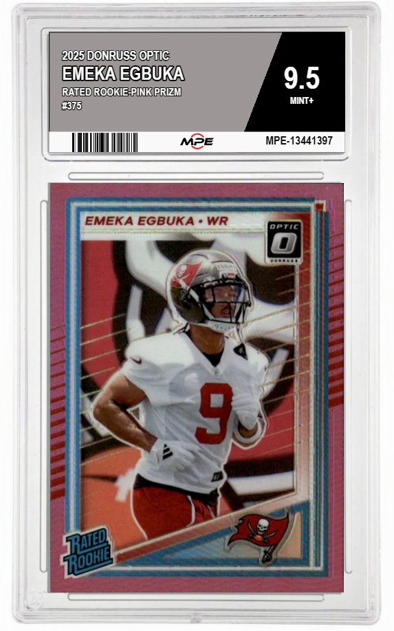 2025 DONRUSS OPTIC RATED ROOKIE-PINK PRIZM #375 EMEKA EGBUKA MPE 9.5 MINT+ — graded card auctioned from the MPE vault