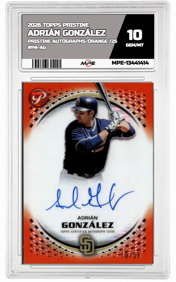 2026 TOPPS PRISTINE PRISTINE AUTOGRAPHS-ORANGE /25 #PA-AG ADRIÁN GONZÁLEZ MPE 10 GEM/MT — graded card auctioned from the MPE vault