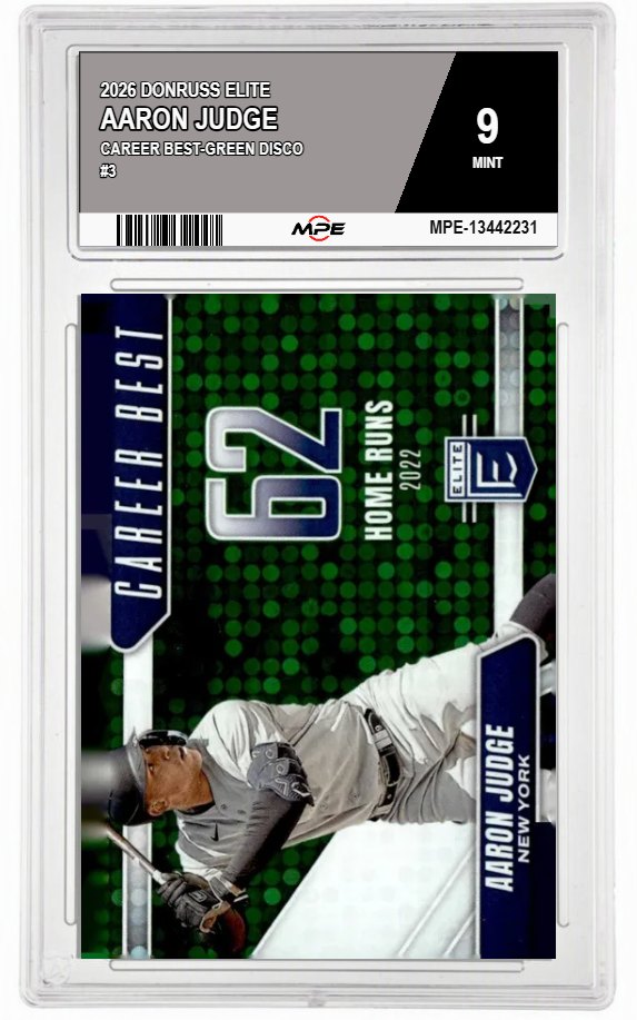 2026 DONRUSS ELITE CAREER BEST-GREEN DISCO #3 AARON JUDGE MPE 9 MINT — graded card auctioned from the MPE vault