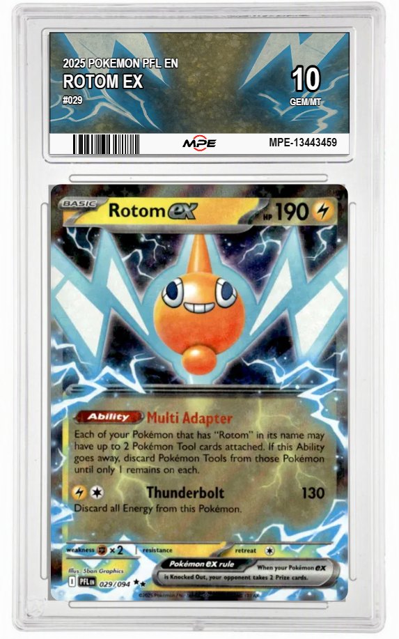2025 POKEMON PFL EN #029 ROTOM EX MPE 10 GEM/MT — graded card auctioned from the MPE vault