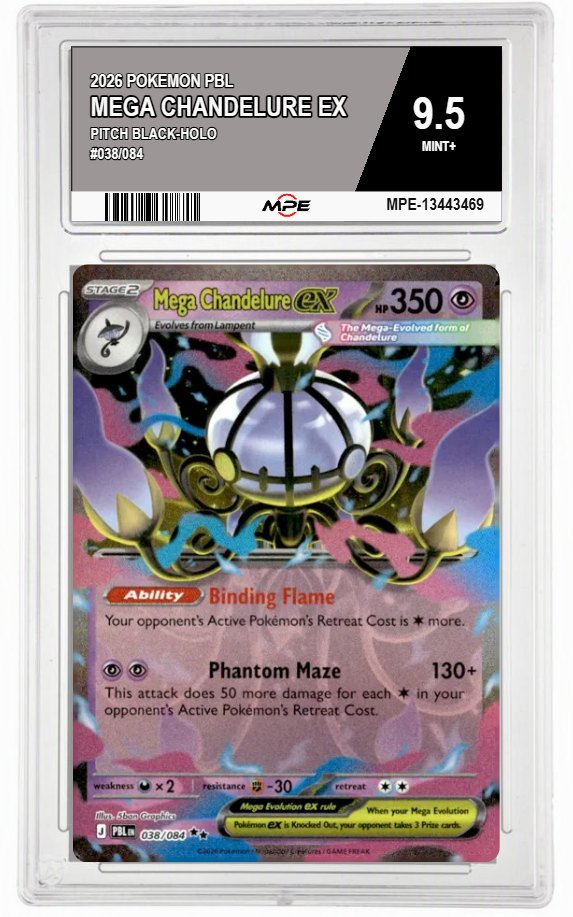 2026 POKEMON PBL PITCH BLACK-HOLO #038/084 MEGA CHANDELURE EX MPE 9.5 MINT+ — graded card auctioned from the MPE vault