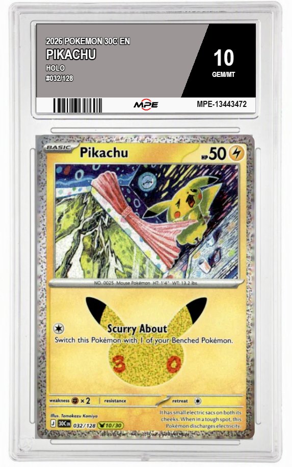 2026 POKEMON 30C EN HOLO #032/128 PIKACHU MPE 10 GEM/MT — graded card auctioned from the MPE vault