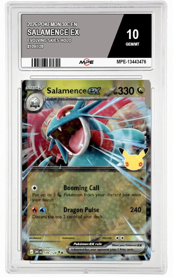 2026 POKEMON 30C EN EVOLVING SKIES-HOLO #109/128 SALAMENCE EX MPE 10 GEM/MT — graded card auctioned from the MPE vault