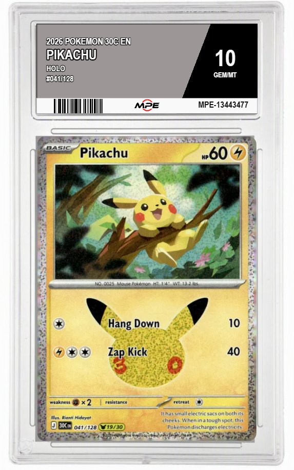 2026 POKEMON 30C EN HOLO #041/128 PIKACHU MPE 10 GEM/MT — graded card auctioned from the MPE vault